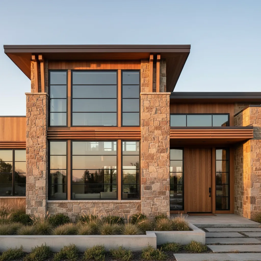 Casa rústica moderna con grandes ventanas y piedra natural