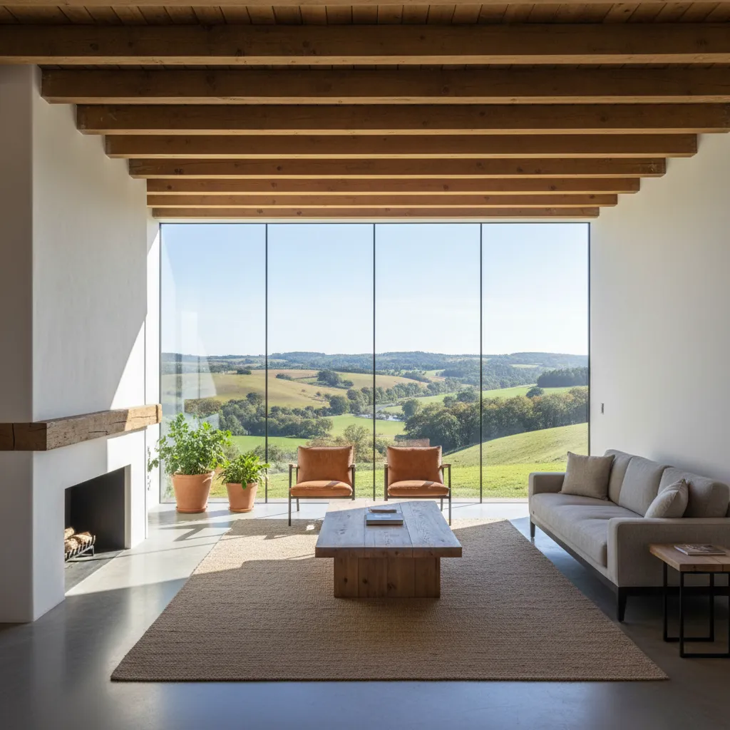 Interior rústico moderno con ventanales grandes y diseño limpio