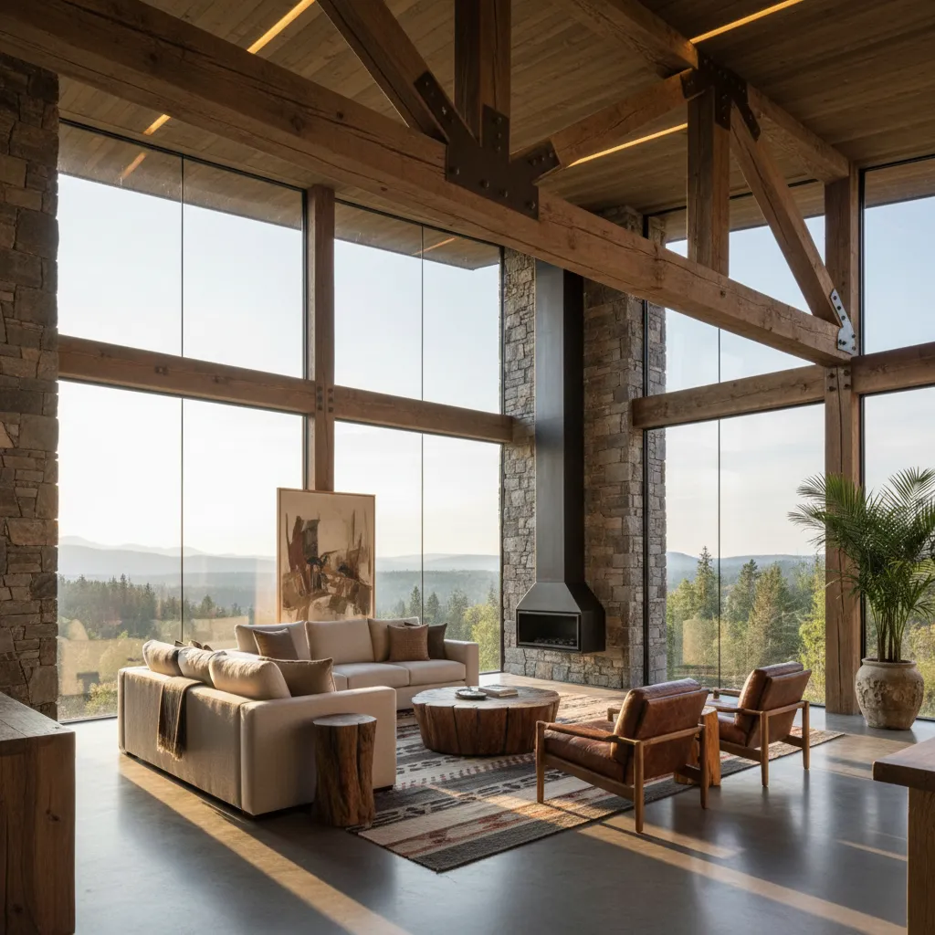 Interior de casa rústica moderna con grandes ventanales