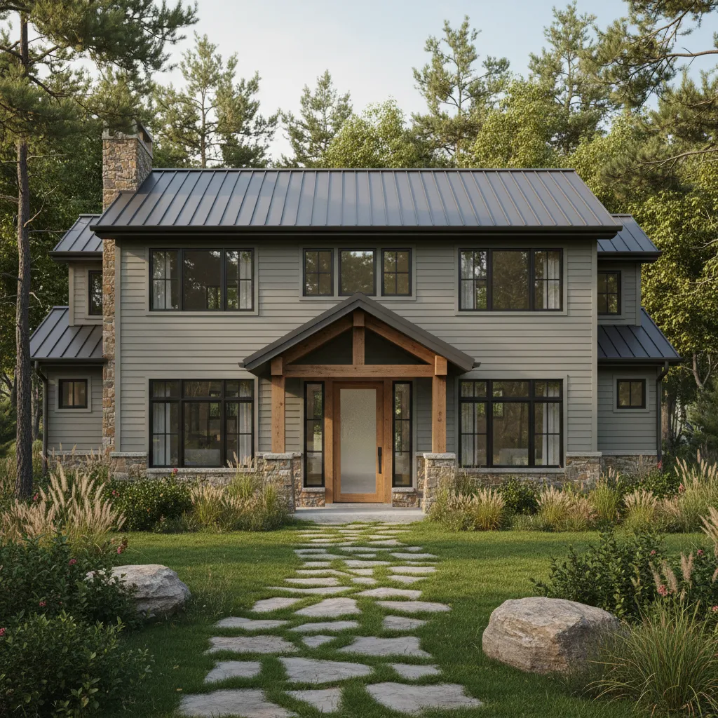 Modern rustic house exterior showing harmony between roof color siding and landscape