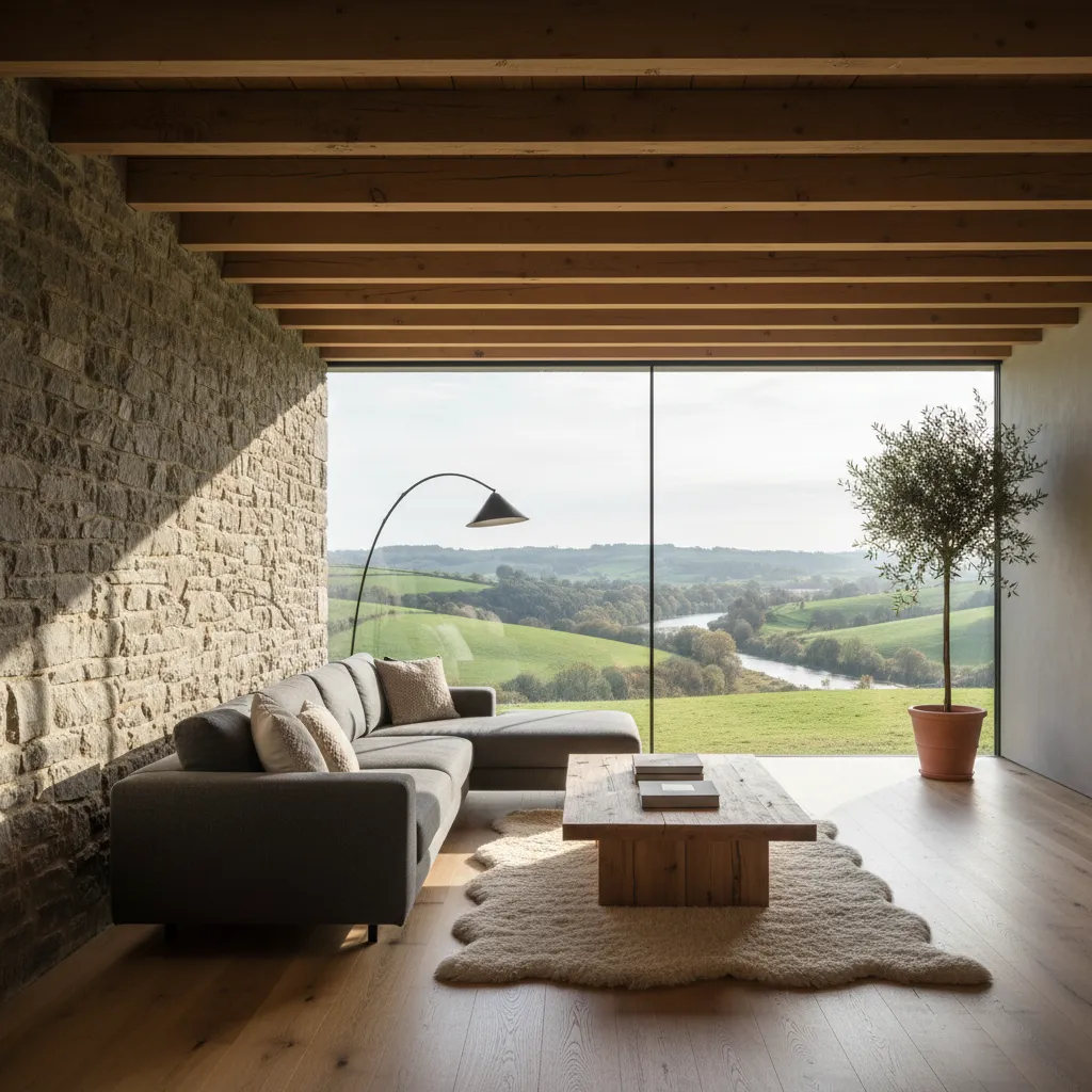 Casa rústica moderna con grandes ventanales y diseño minimalista