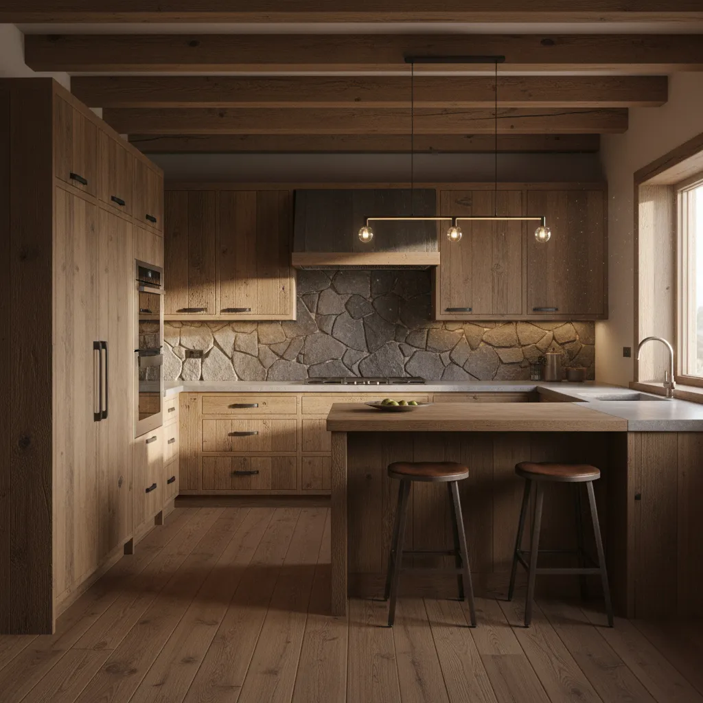Rustic kitchen featuring wooden cabinets stone backsplash island with bar stools and a modern ceiling light