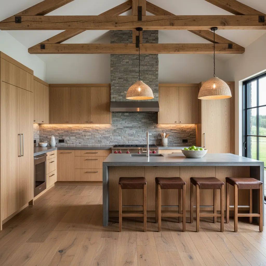 Cocina moderna combinada con elementos rústicos de madera