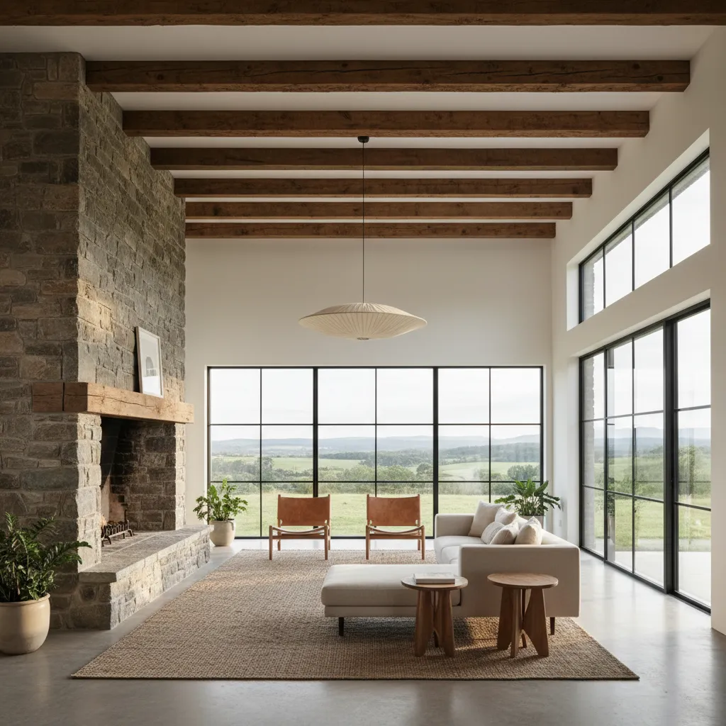Salón de casa rural moderna con vigas de madera y diseño minimalista