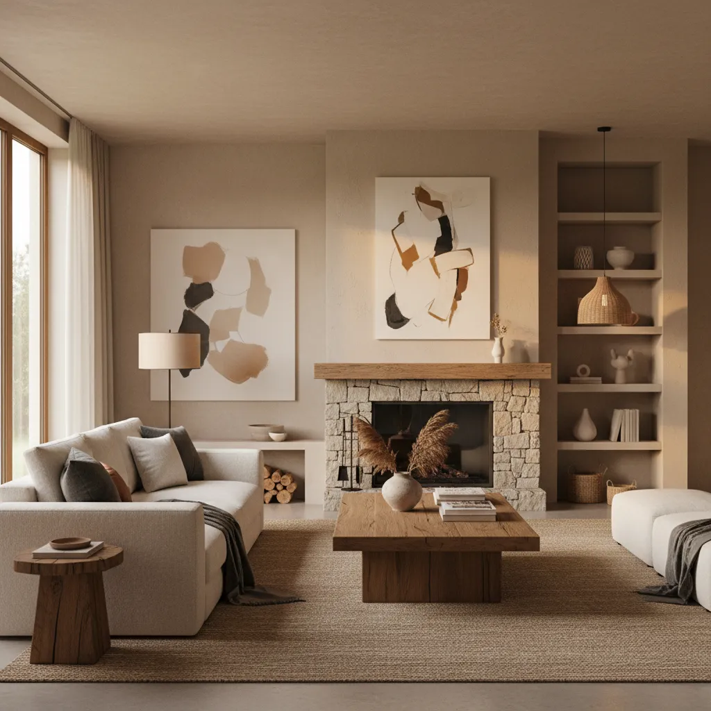 Salón rústico moderno con mezcla de muebles contemporáneos y madera natural