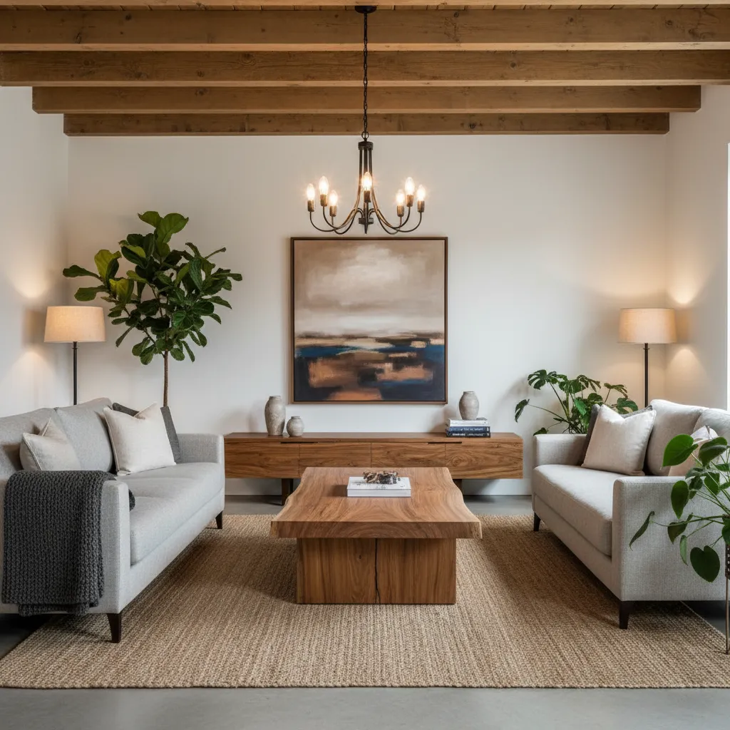 Sala con mezcla de muebles modernos y mesa rústica