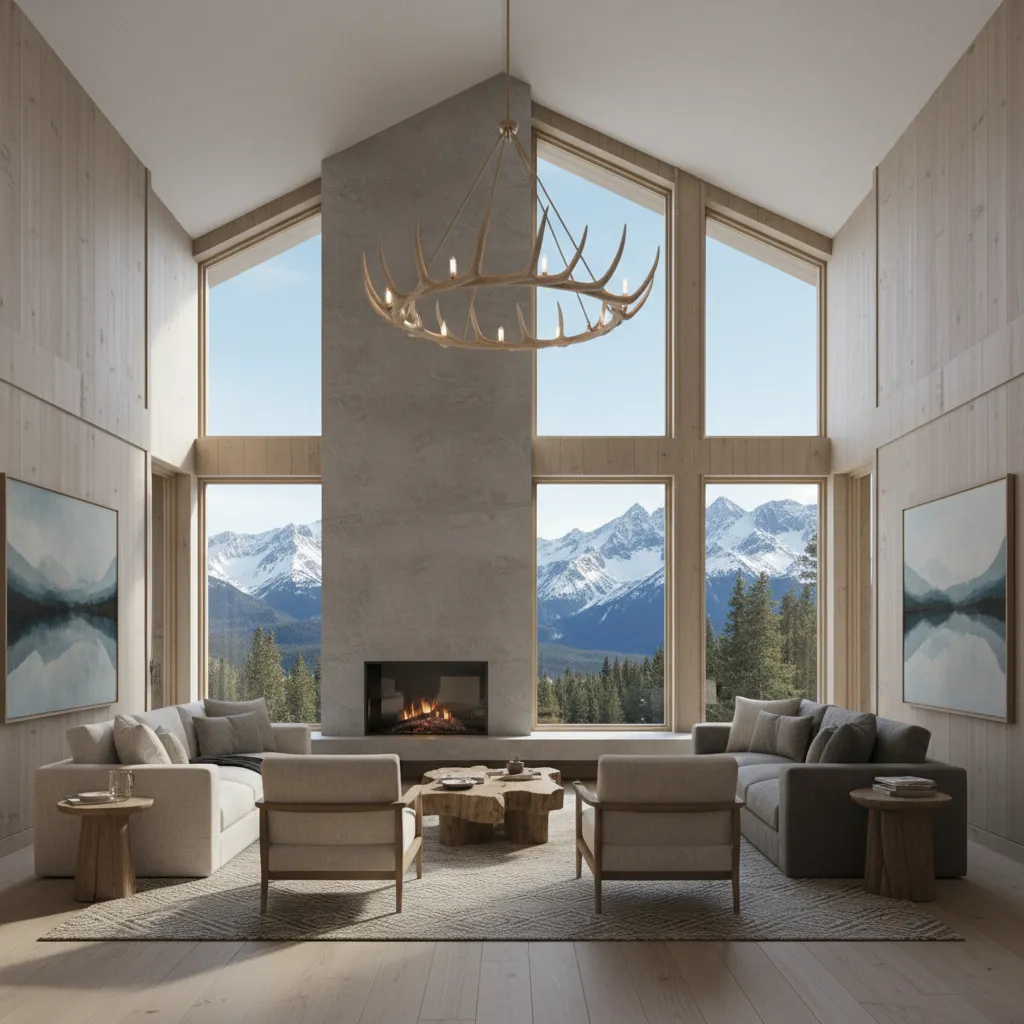 Modern rustic lodge lounge featuring minimal elk antler decor