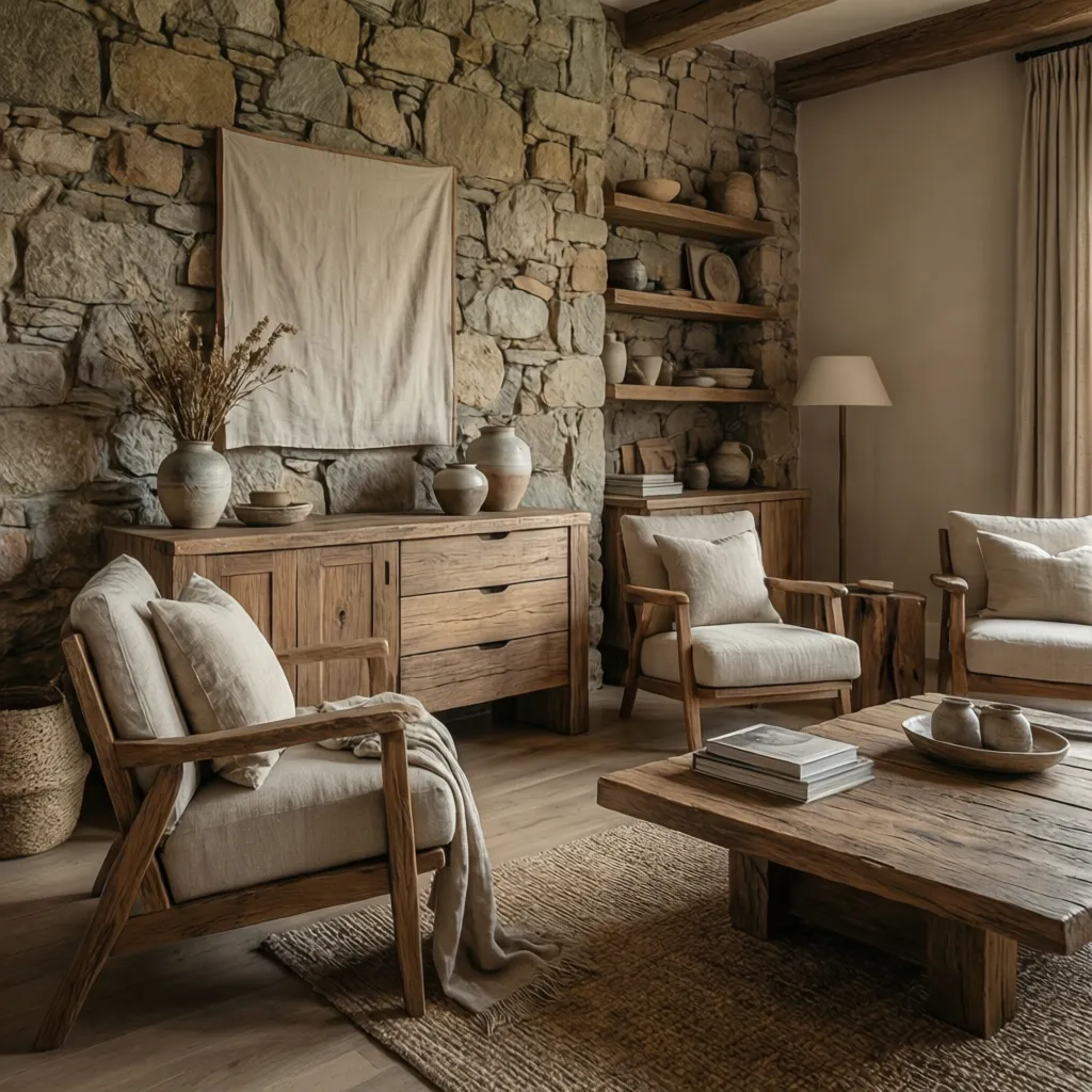 Combinación de piedra, madera y textiles en interior rústico moderno