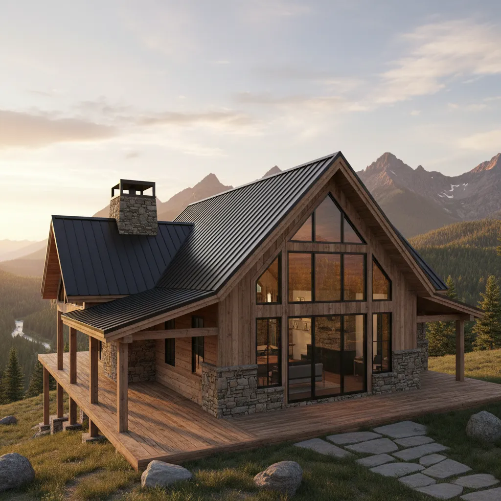 Modern rustic home with dark standing seam metal roof