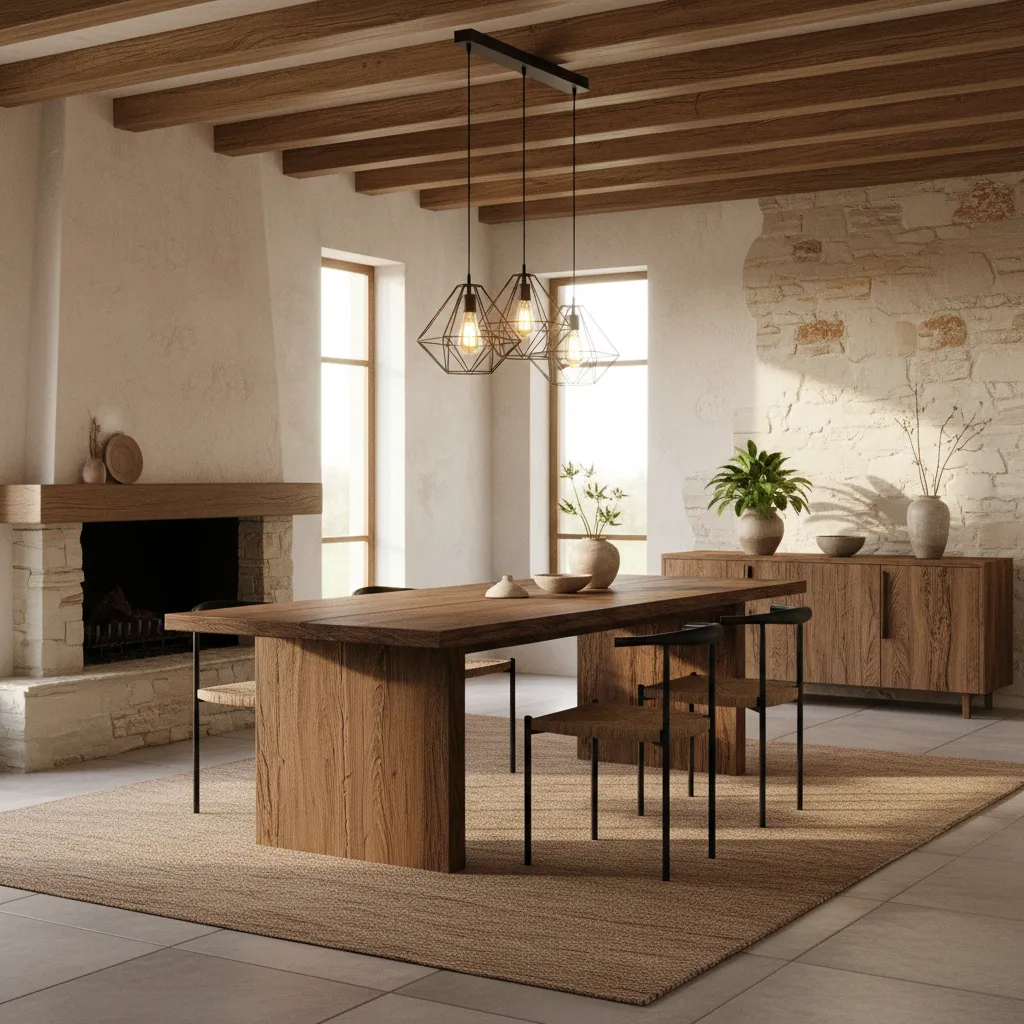 Interior rústico con lámpara moderna y mesa de madera maciza