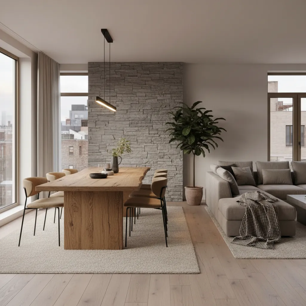 Interior que mezcla muebles modernos con materiales rústicos