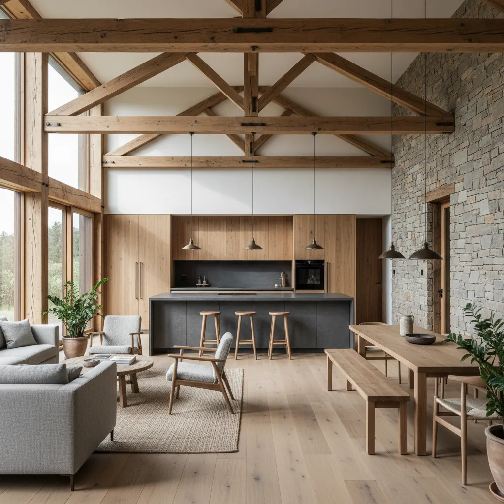Espacio abierto de casa rústica moderna con cocina y salón integrados