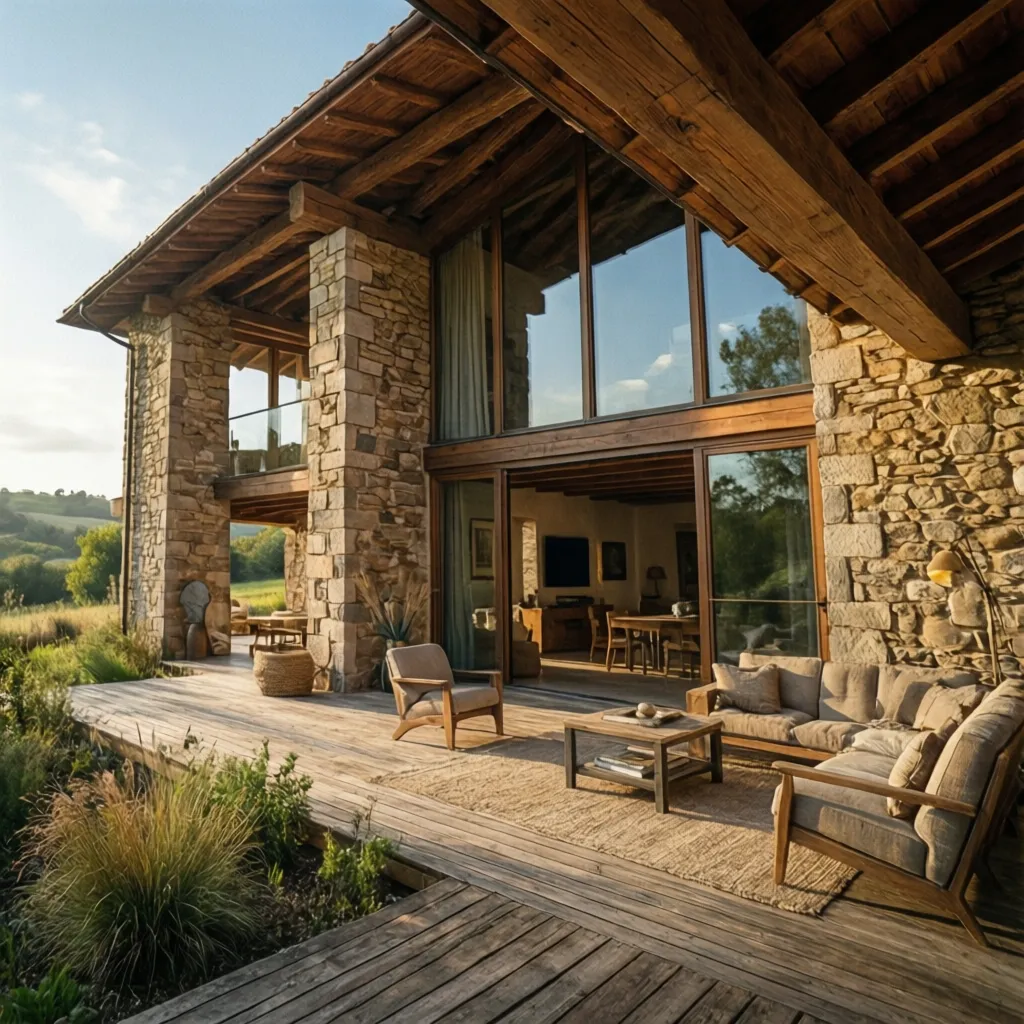 Casa quinta moderna con materiales naturales como piedra y madera