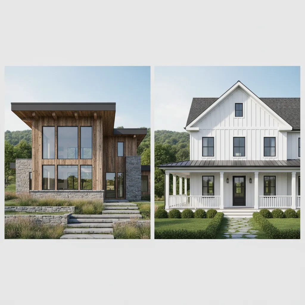 Comparison of rustic wood stone exterior and white farmhouse siding