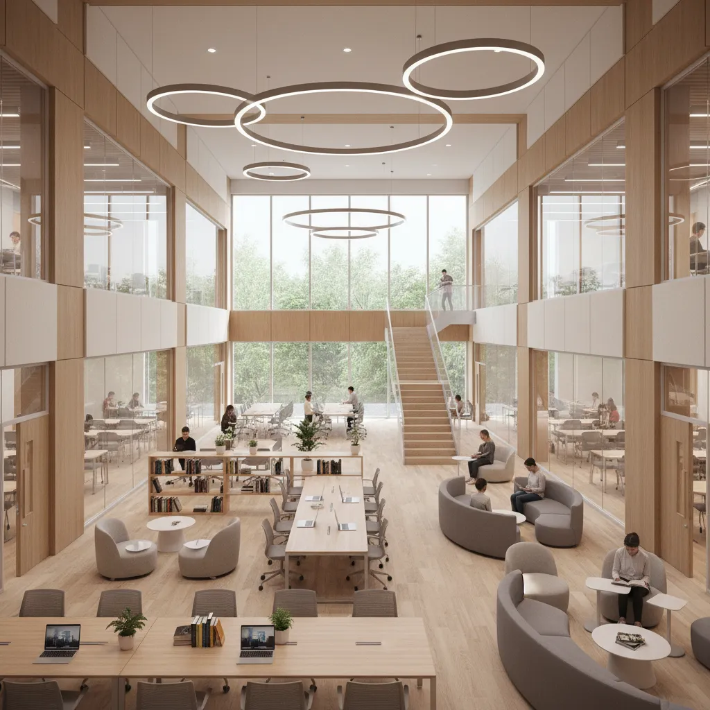 Open learning commons area connecting classrooms in a modern school building