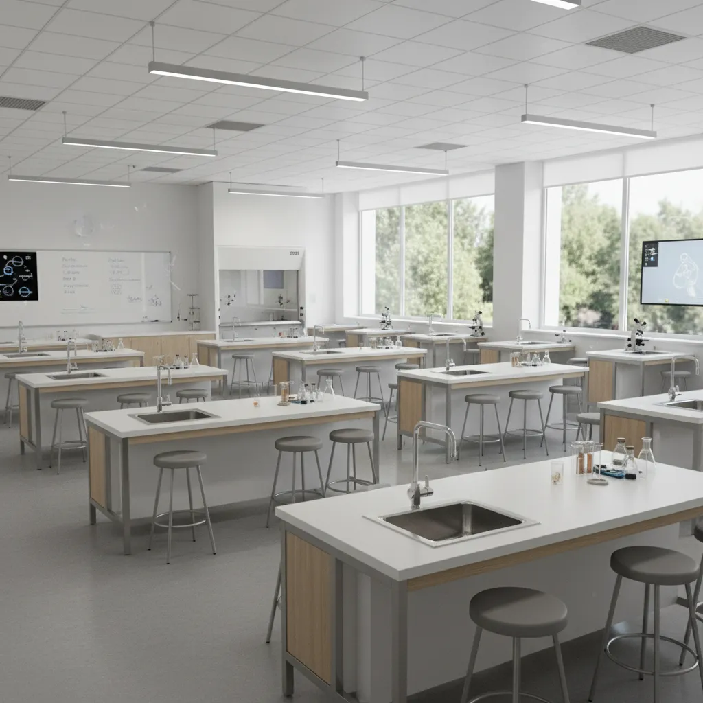 modern high school science laboratory with central lab tables and bright lighting
