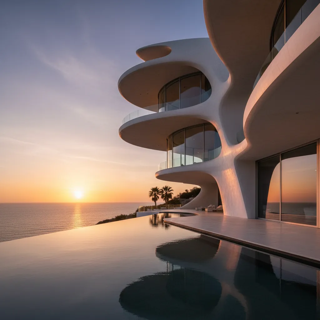 Casa contemporánea escultórica iluminada al atardecer