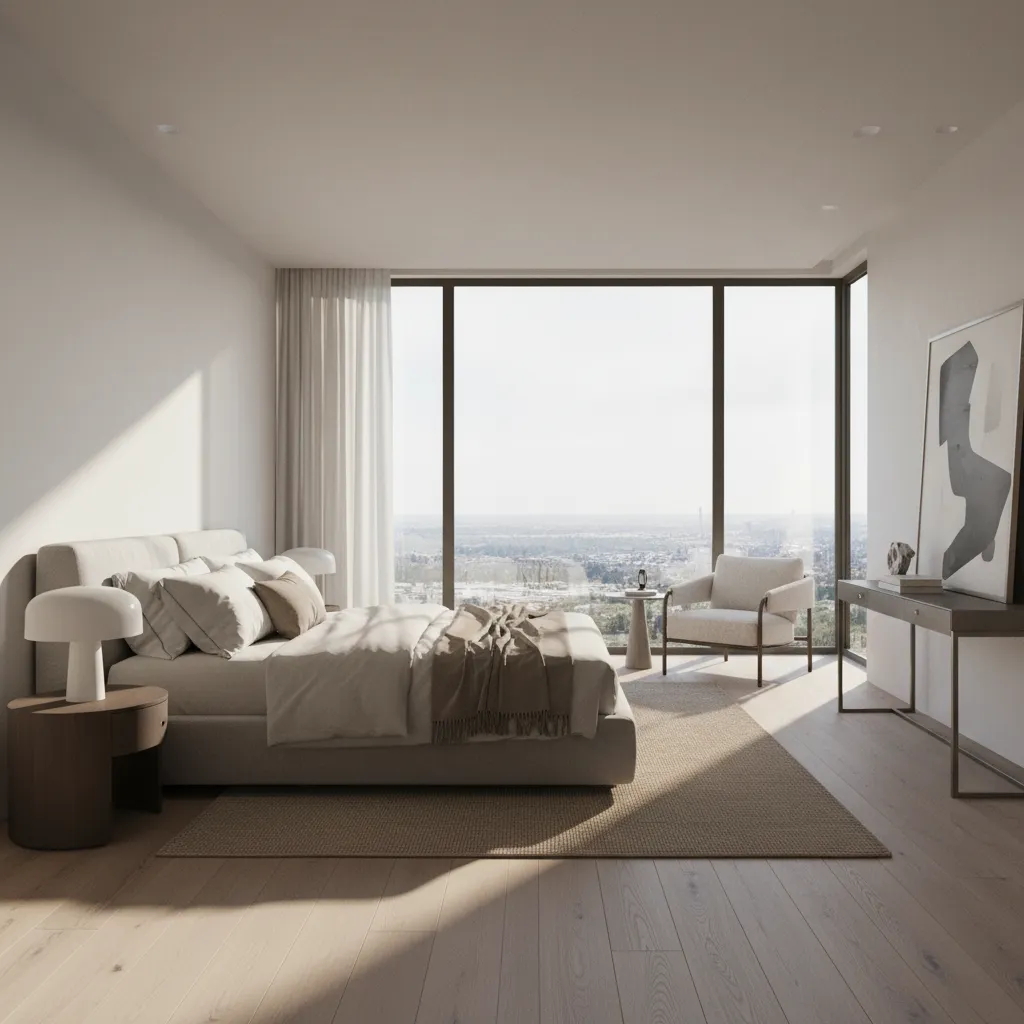 Dormitorio moderno ubicado en el segundo piso con grandes ventanas