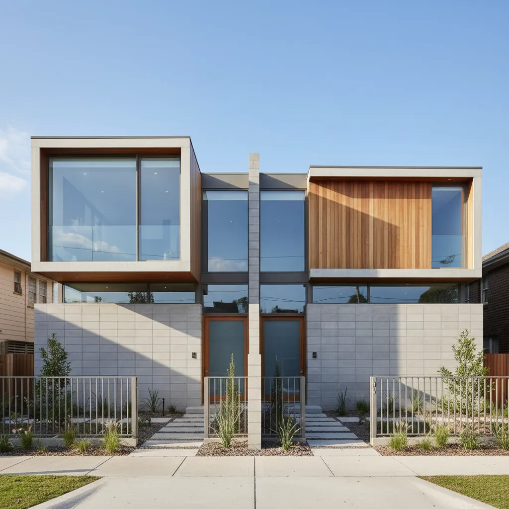 Fachada contemporánea de dos viviendas pareadas con materiales mixtos