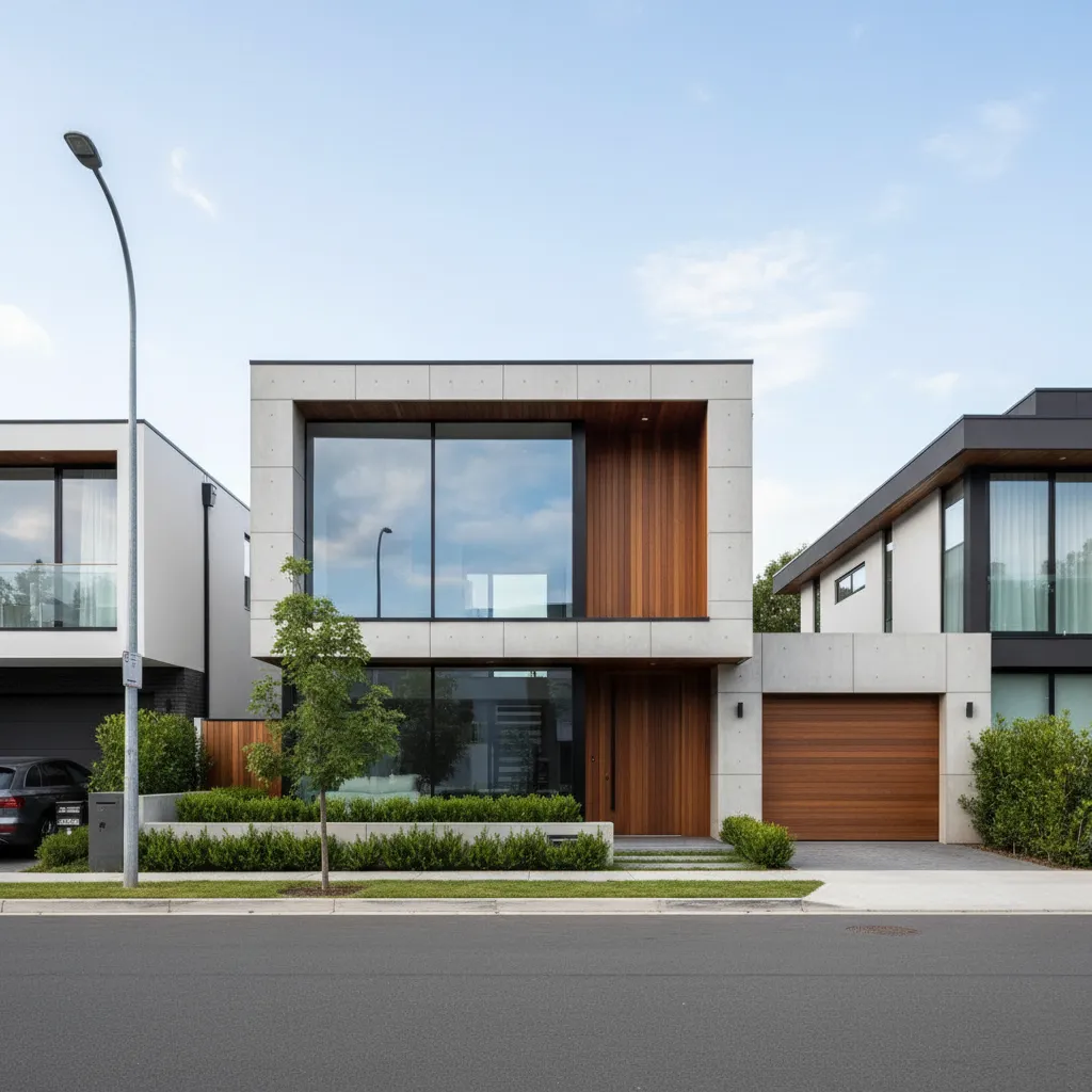 Fachada moderna de dos casas pareadas con diseño contemporáneo