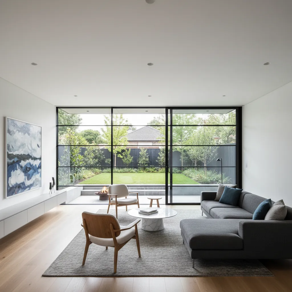 Interior moderno de casa pareada con salón abierto al jardín