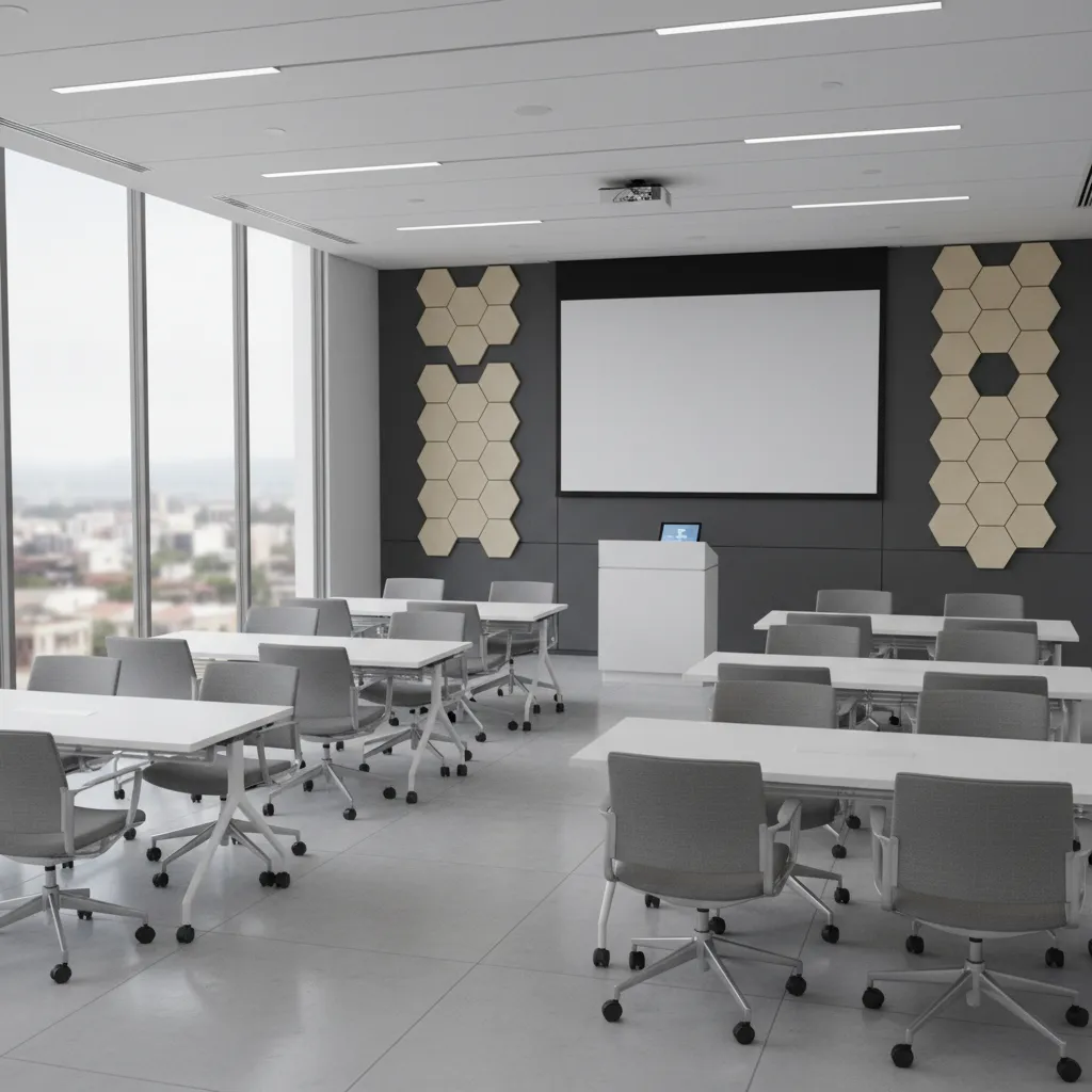 Modern seminar hall with modular seating and presentation area