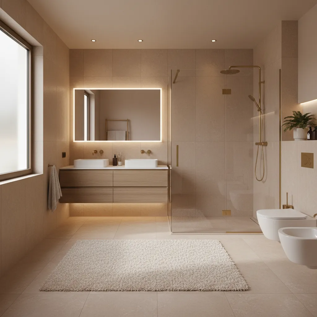 Finished modern accessible bathroom renovation with walk-in shower