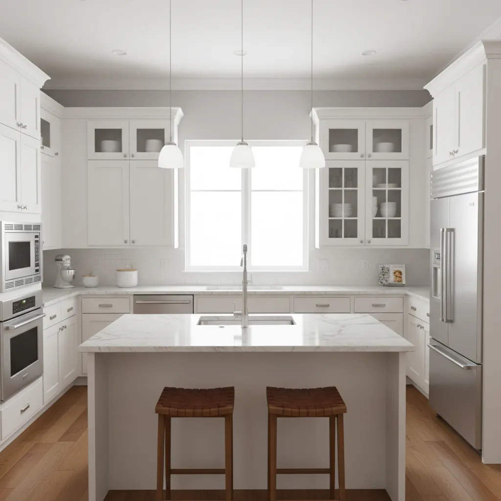 Modern kitchen interior featuring white shaker cabinets and efficient storage layout