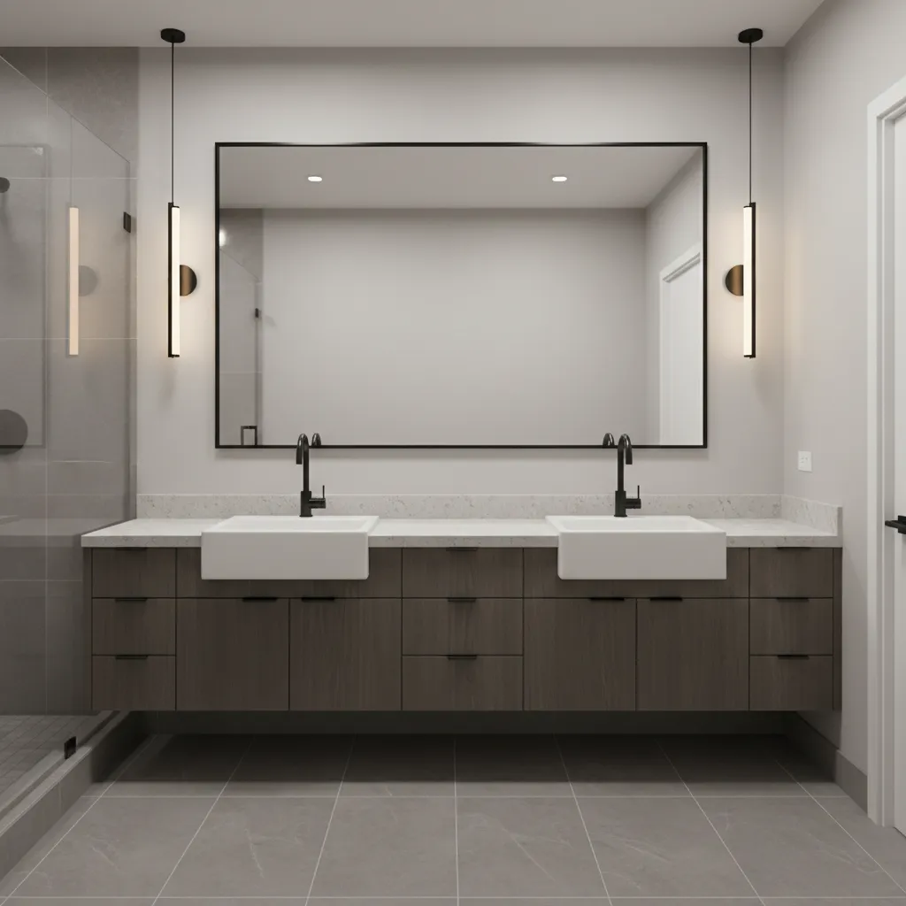 shared boys bathroom with double vanity sinks and modern lighting