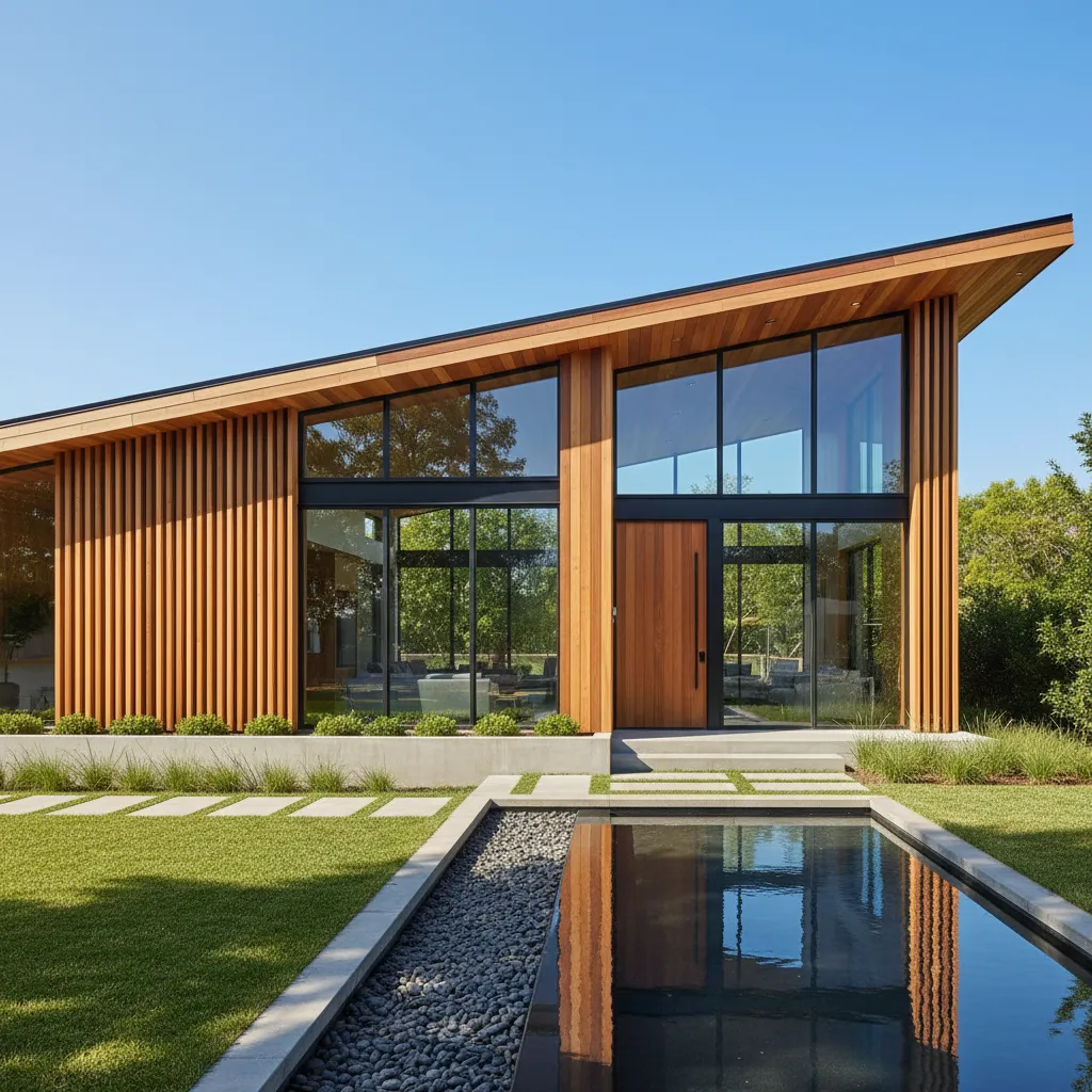 Exterior of a modern shed roof house showing single slope roof design