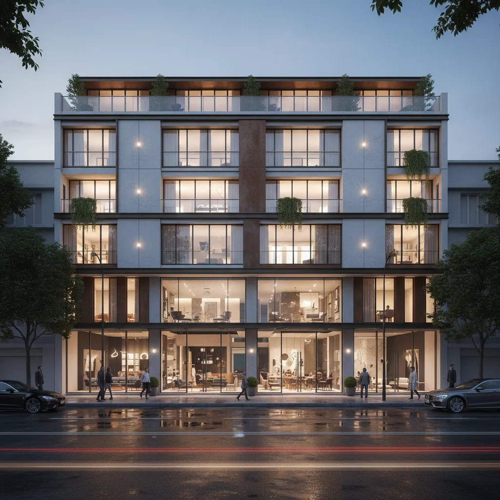 Modern building at night with glass storefronts showing furniture and people walking on the sidewalk