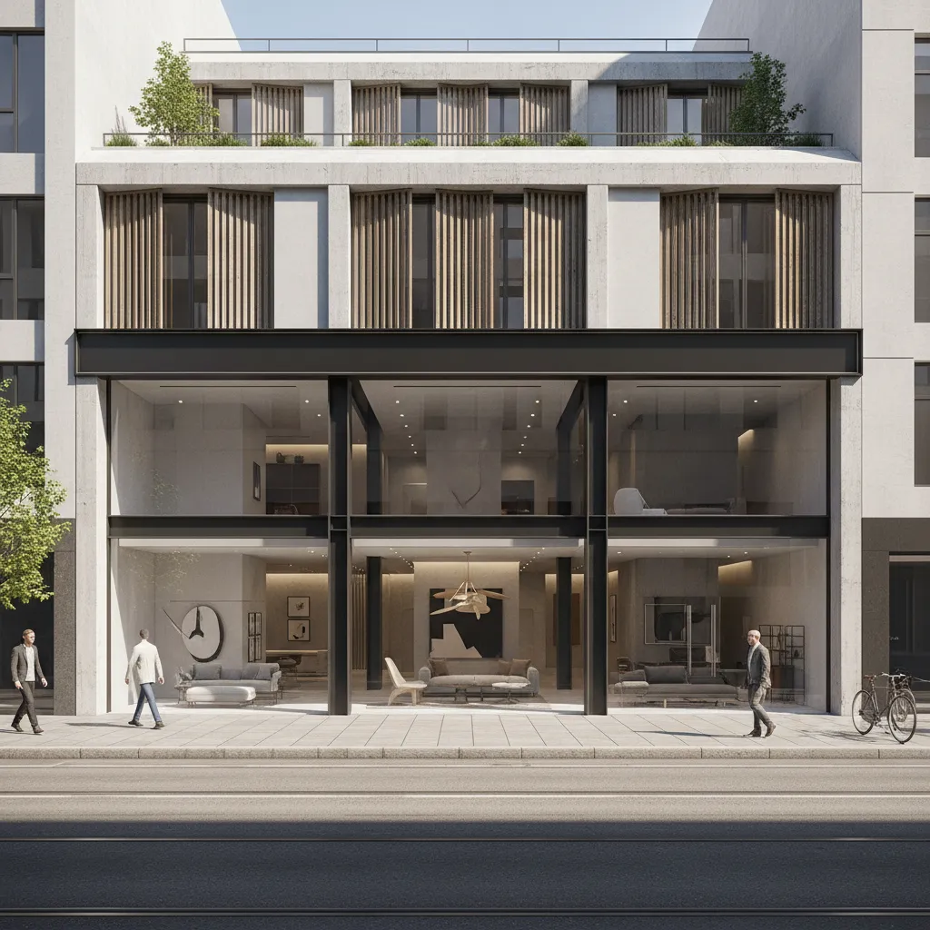 Building exterior with glass storefronts showing modern furniture and people walking on the bright sidewalk