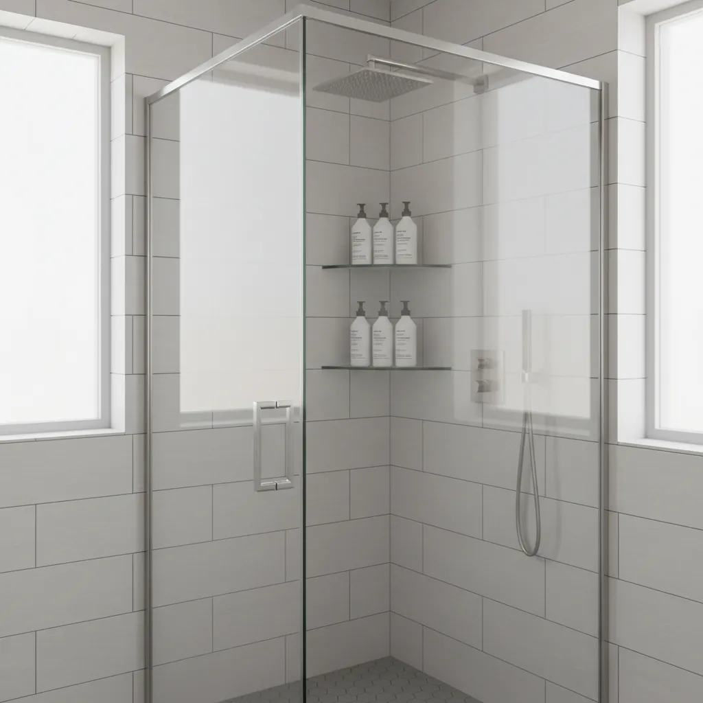 Modern tiled shower with neatly organized corner shelves holding shampoo and soap