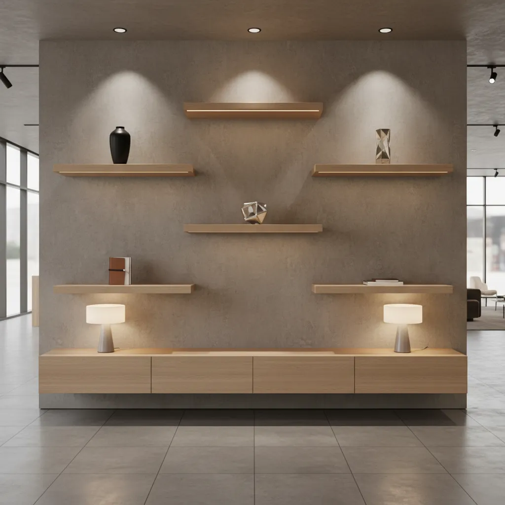 Modern showroom feature wall with spotlighted products and clean display layout