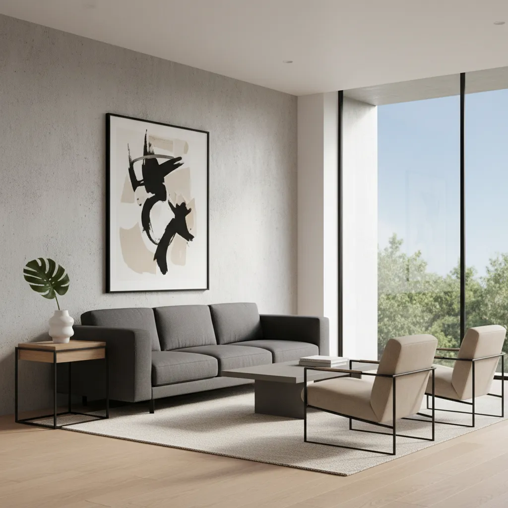 Modern living room featuring grey sofa two beige chairs wooden side table and wall art