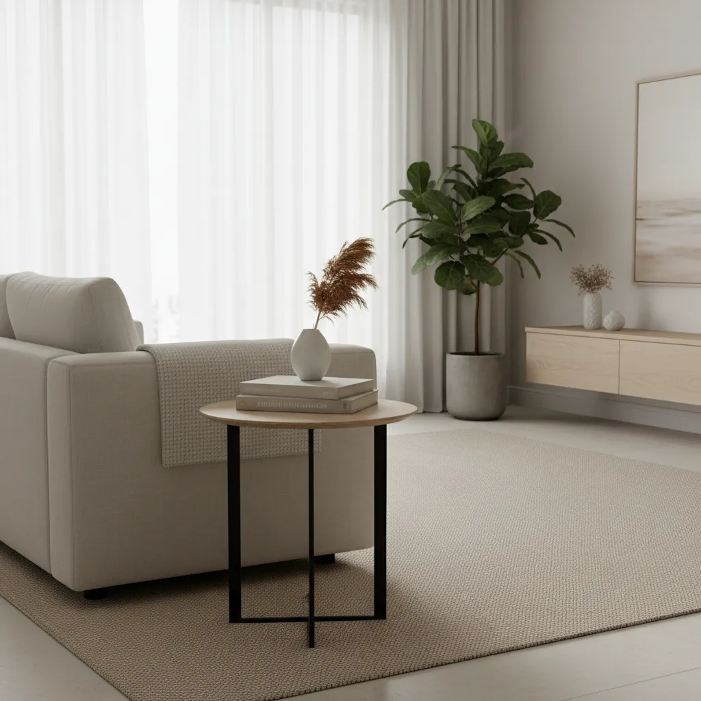 Modern living room with beige sofa, round side table, green potted plant, rug, and cabinet