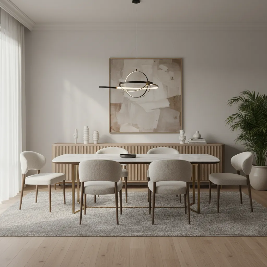 Modern dining room with fluted wood sideboard and marble dining table