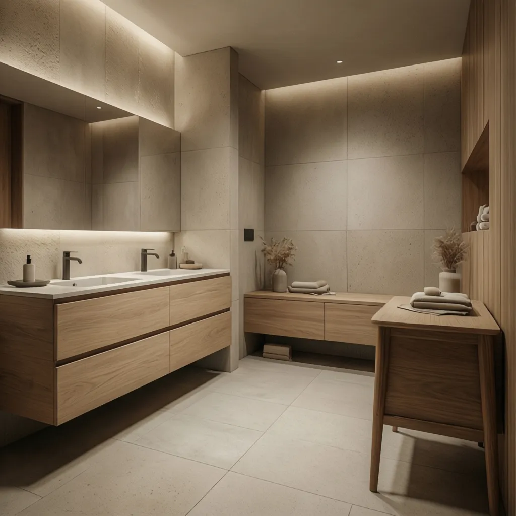 Baño moderno sencillo con azulejos claros y muebles de madera