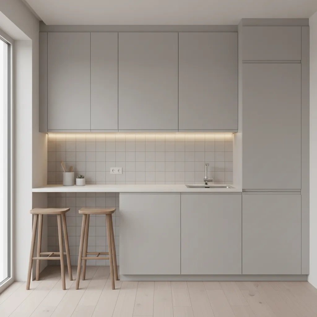 modern looking simple budget kitchen with light cabinets and clean layout