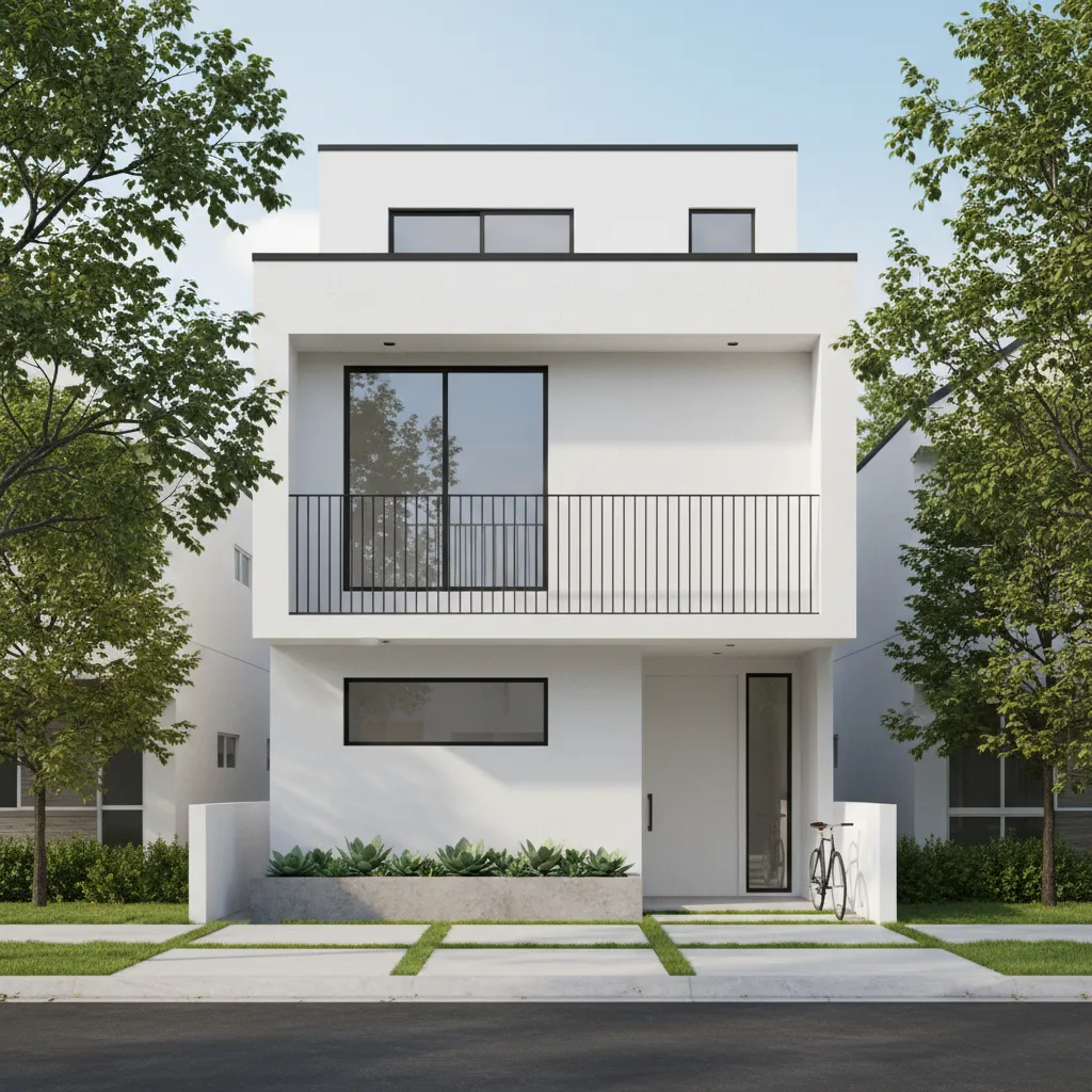 Simple two story house front with a small modern balcony