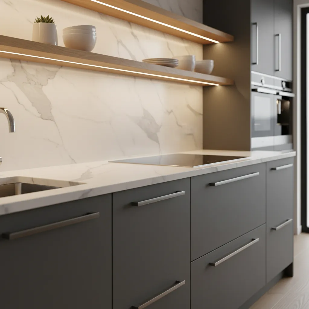 chi tiết đèn led dưới tủ bếp và mặt đá bếp hiện đại