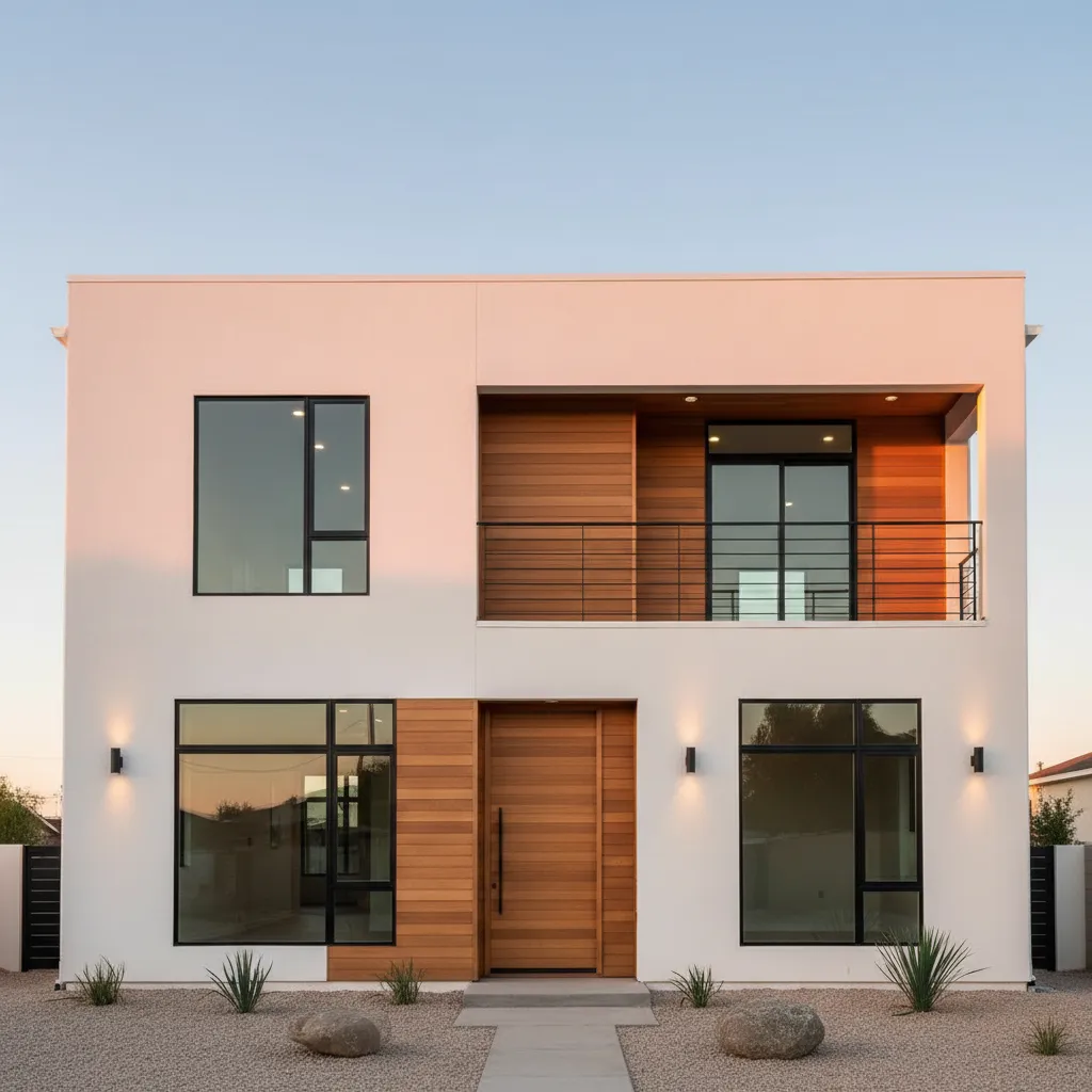 Modern two story house with white walls wooden door wall panel and large black windows