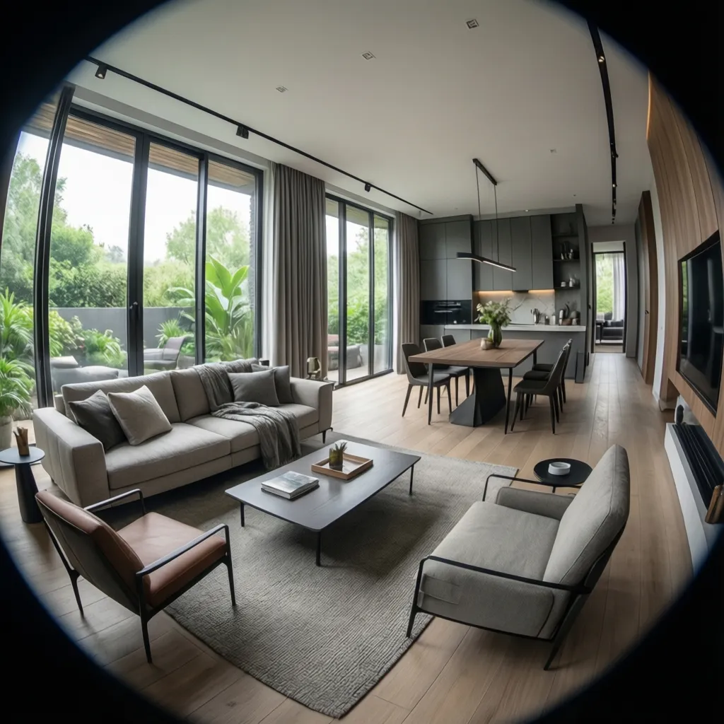 Modern interior design drawing showing living room with grey sofa wooden floor dining table kitchen