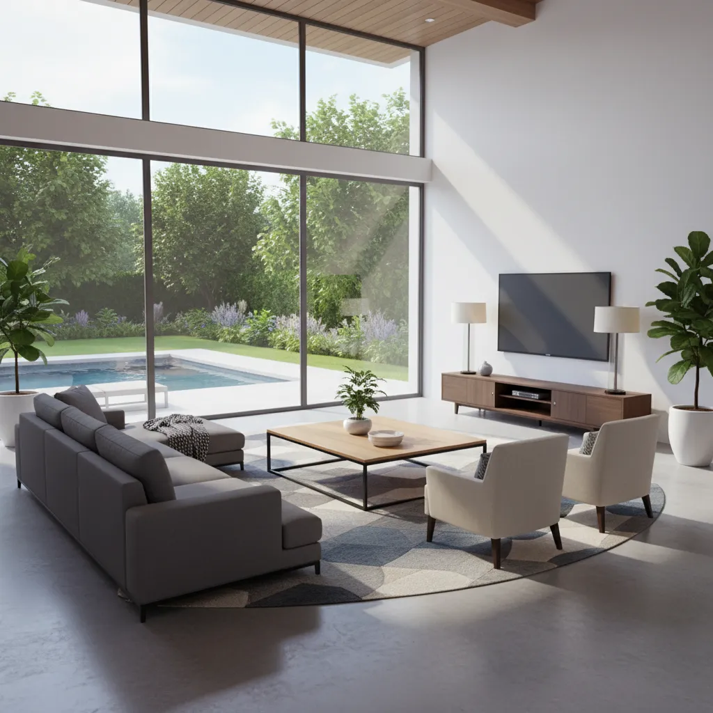 Modern living room with grey sofa coffee table and windows looking out to swimming pool