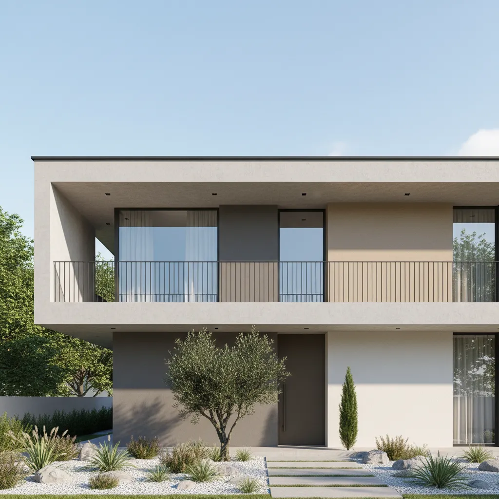 Front elevation of a single floor house with a minimal balcony design