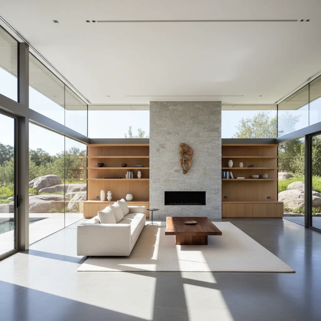 Interior luminoso de casa moderna con ventanales grandes