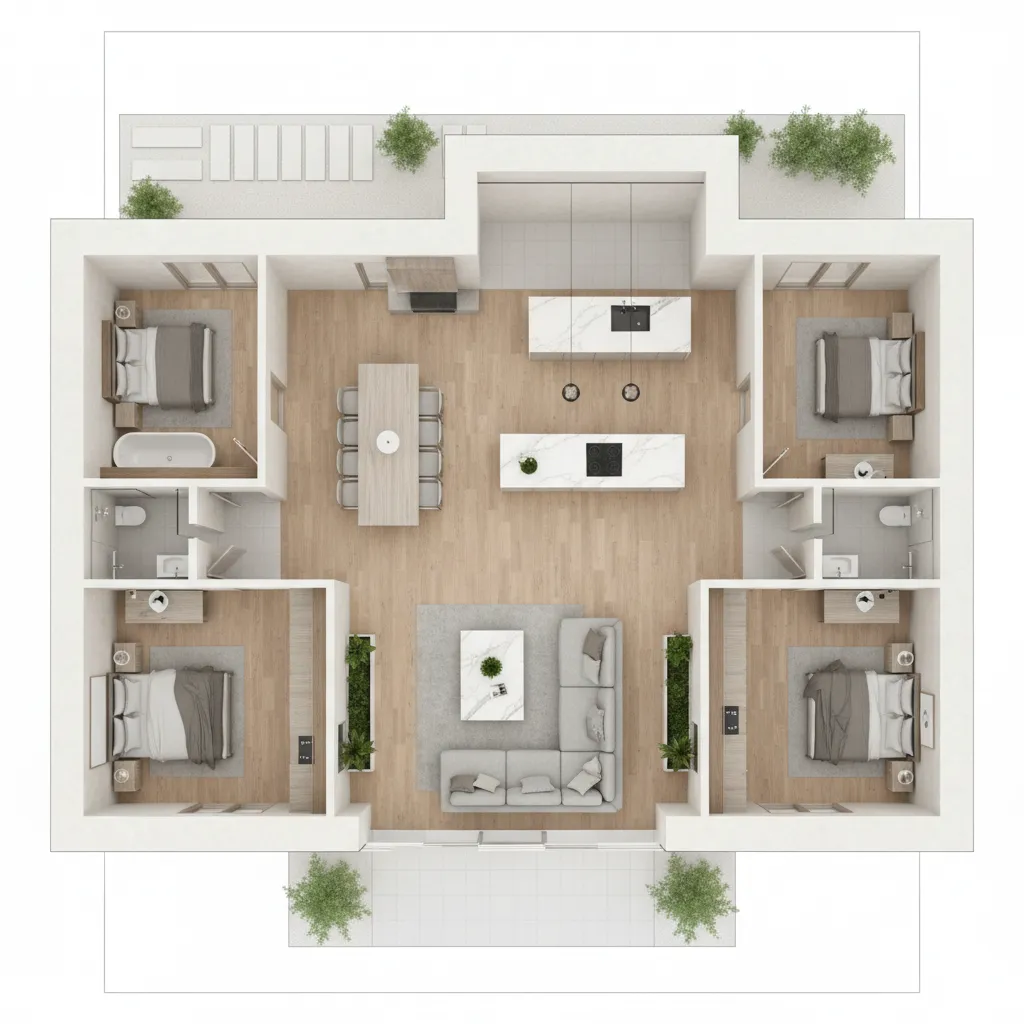 Plano moderno de casa de un piso con distribución abierta