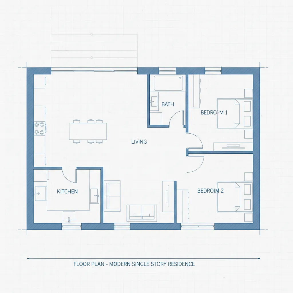 Plano arquitectónico de una casa moderna de una planta