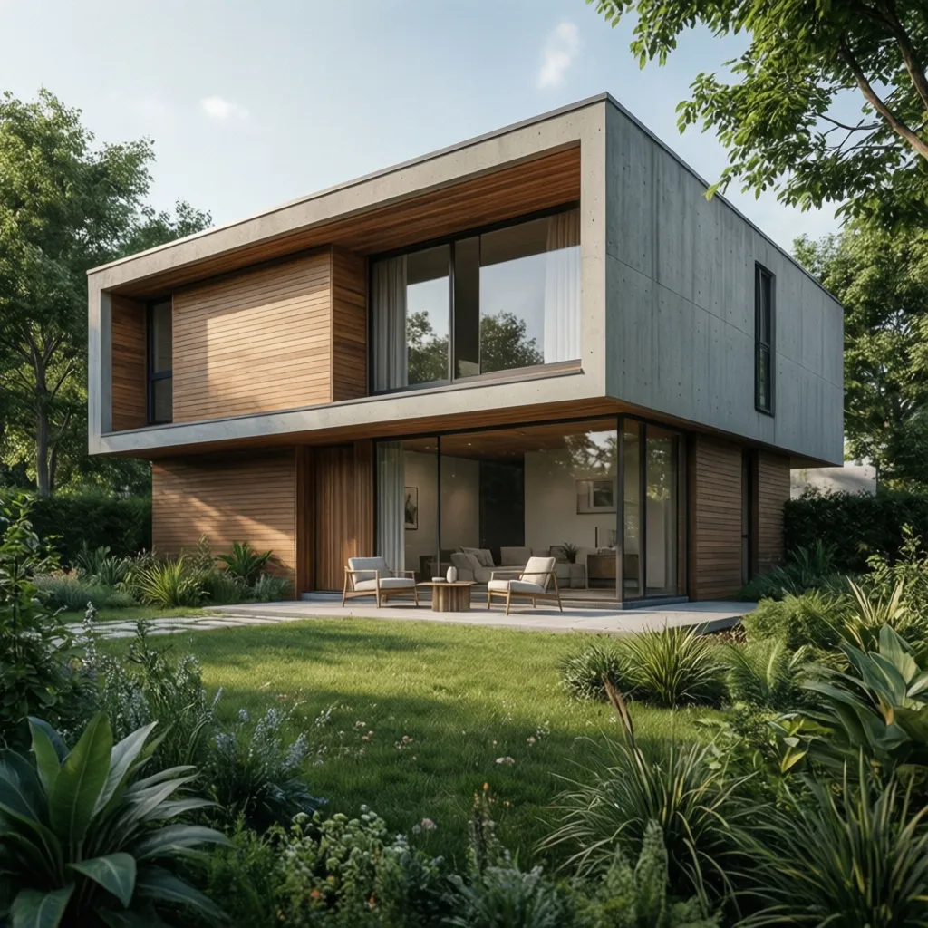 Exterior de una casa moderna de planta baja con jardín