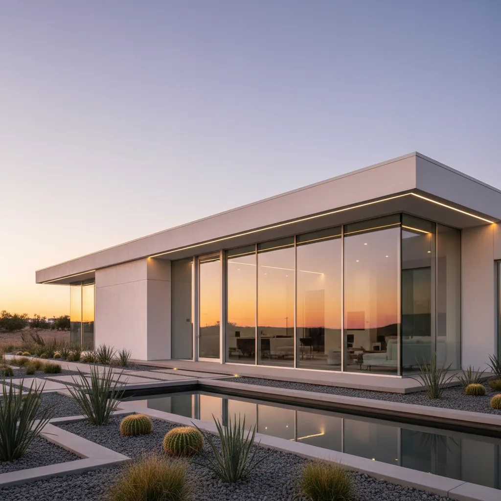 Exterior de casa moderna de una planta con estilo minimalista